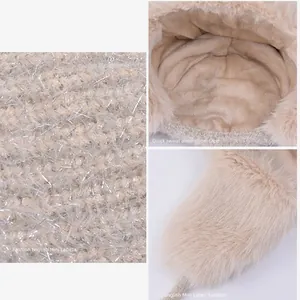 Winter sequin knit trapper hat with thick fleece lining and earflaps in light beige