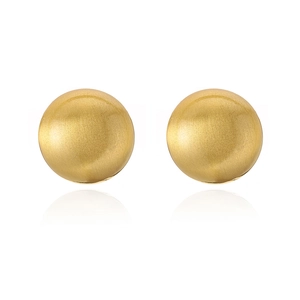 Detailed view of matte gold-plated round stud earrings with brushed texture on white background