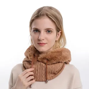 Camel winter knitted hood with faux fur trim and drawstring for outdoor warmth