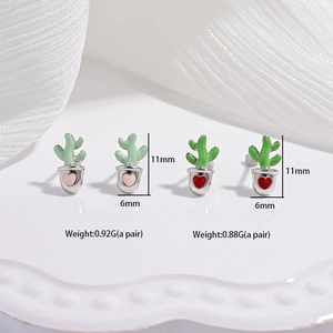 Cute S925 sterling silver cactus stud earrings with heart detail in light and dark green