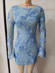 Detailed view of light blue mesh dress with 3D floral embroidery and flare sleeves