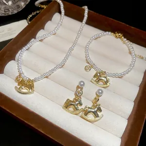 Rocking Horse Artificial Pearl Necklace Bracelet Stud Earrings With 925 Sterling Silver Earring Post Copper Zircon Retro Jewelry