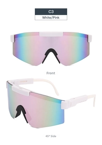 Front and 45-degree side views of white cycling sunglasses with iridescent shield lenses
