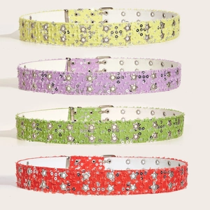 Punk style star rivet belts in vibrant colors with sequins and metal eyelets