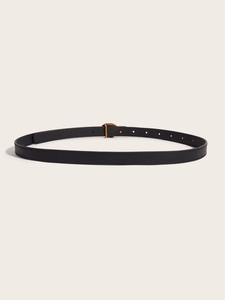 Detailed view of a sleek black leather belt with a polished gold-tone metal buckle