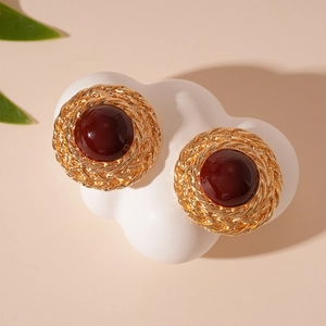 Round Vintage Alloy Stud Earrings With 925 Sterling Silver Earring Post Dark Red Woven Texture French Style For Women