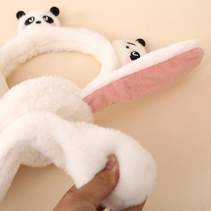 Cute white plush panda earmuffs with moving rabbit ears for kids in winter