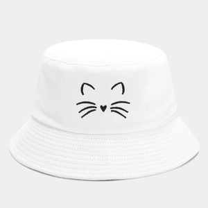 White canvas bucket hat with cute cat face embroidery for casual outdoor sun protection