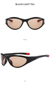 Detailed front and side views of Y2K sporty sunglasses in black with light tea lenses