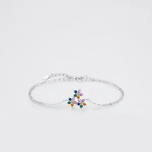 Flower Bracelet 925 Sterling Silver Colorful Zirconia Adjustable Sweet Daily Jewelry For Women