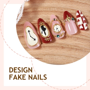 Almond press-on nails featuring dark red hearts, rabbit silhouette, and star motifs