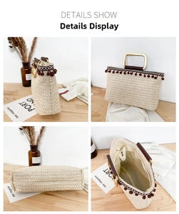 Detailed views of a straw handbag featuring metal D-handles and brown tassel accents