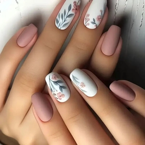 Floral Press On Nails Square Round False Nail Tips Pink White Flowers Matte Artificial Pearl Artificial Fingernails Women Manicure