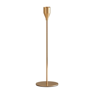 Elegant gold aluminum taper candle holder with slim stem and circular base for weddings