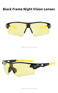 Detailed views of black frame cycling glasses with yellow night vision lenses and anti-slip pads