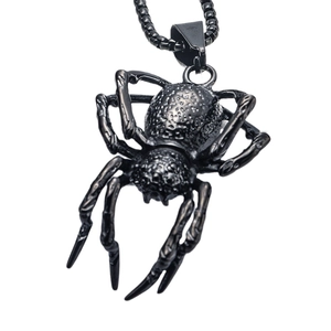 Punk style black stainless steel spider pendant necklace with a matching chain on white background
