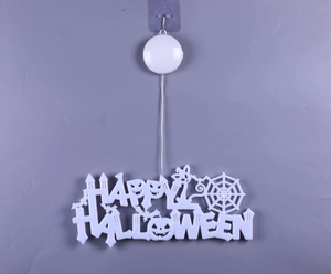 Macro view of white LED Halloween hanging light with Happy Halloween cutouts