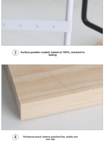Detail of white metal earring rack with spray-painted holes and a solid wooden base