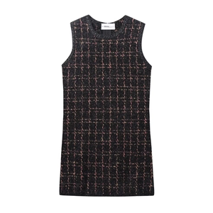 Abito Mini Senza Maniche In Tweed A Quadri Girocollo Vestibilità Aderente Stile Elegante Per Donne