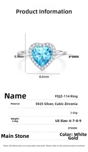 Detailed size and material information for the S925 silver heart shaped zircon ring