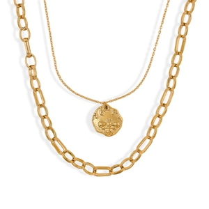 Double-layered gold stainless steel necklace with honey bee relief coin pendant