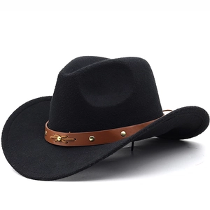 Western Cowboy Hat Wide Brim Felt Woolen Vintage Retro Fedora With Studded Leather Belt Adjustable For Men Women