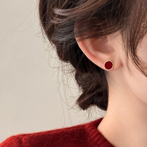 Elegant geometric round stud earrings in Ankara red with a classic gold beaded metal trim