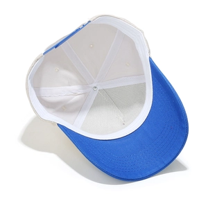 Detail view of two-tone baseball cap interior featuring blue snapback and sweatband