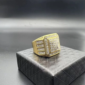 Luxury hip-hop gold plated stainless steel square ring for men with micro-pave crystals