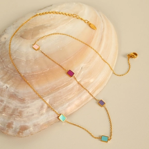 Elegant 18K gold plated titanium necklace with colorful enamel rectangular charms on shells