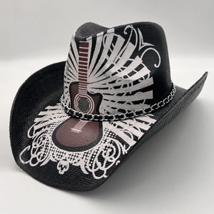 Detail of black cowboy hat with silver chain and white guitar pattern print