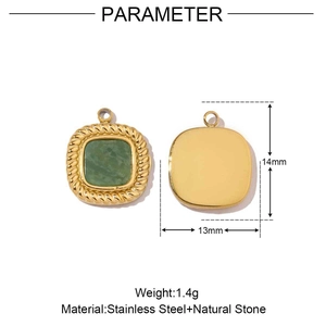 Detail specifications of square green stone pendant with dimensions and stainless steel material