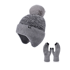 Winter knitted beanie with faux fur pom and touchscreen gloves set in grey color