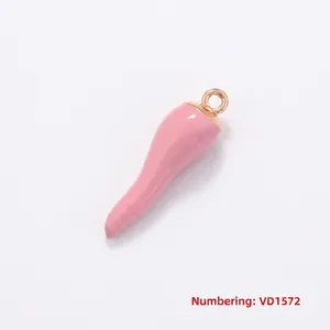 Chili shaped pendant with pink enamel and dimensions 7mm by 21mm in rose gold plating