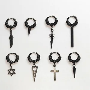 Punk Gothic Hoop Earrings Stainless Steel Cross Feather Sword Spikes Star Blade Pendants Hip Hop Unisex Jewelry