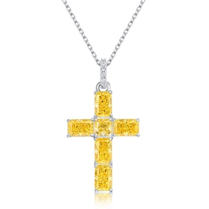 S925 sterling silver cross pendant necklace with yellow rectangular cut carbon diamonds