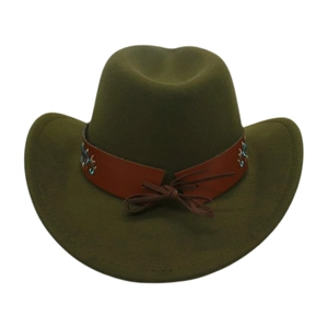 Detail of army green felt cowboy hat featuring a vintage ethnic embroidered band