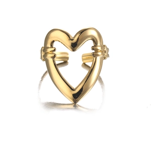 Polished 18K gold plated hollow heart stainless steel open ring for women