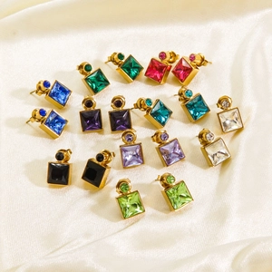 Colorful square zircon titanium steel stud earrings set on white silk background