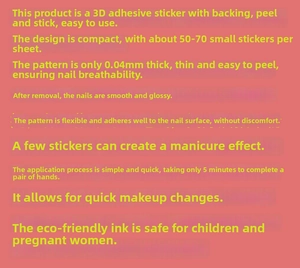 Features of 3D nail stickers showing ultra-thin 0.04mm breathable and eco-friendly material