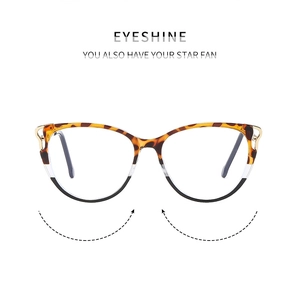 Detail view of cat eye TR90 frame featuring tortoise texture and gold metal temples