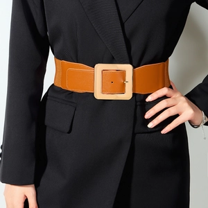 Women's wide elastic waist belt with large gold square buckle for dresses and blazers