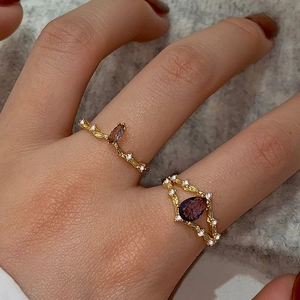 French vintage style ring set with water-drop purple zircon and gold hollow band