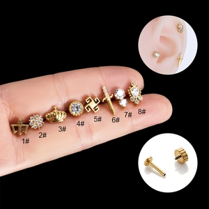 G23 Titanium Crown Internal Thread Labret Stud Ear Cartilage Piercing Jewelry With Clear Zircon Crystal Flat Back
