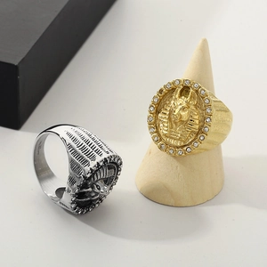 Punk style stainless steel Egyptian Anubis ring with rhinestones in gold and silver finish