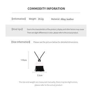 Detailed specs of the vintage leather tassel necklace showing alloy material and dimensions