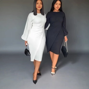 Women's autumn long lantern sleeve midi dress with wrap pleated waist in black and white