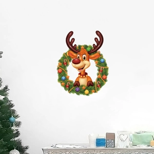 Christmas reindeer wreath wall sticker on white wall with festive holiday decorations