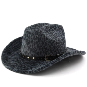 Fashionable leopard print cowboy hat with black leather band and metal studs on white background