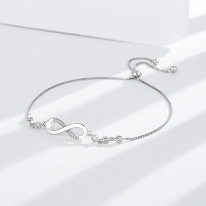 S925 sterling silver infinity bracelet with pavé stones and adjustable pull chain